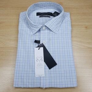 BLOOMINGDALES Shirt Mens Medium Blue Tan Grid Check Button Up Slim Fit Stretch